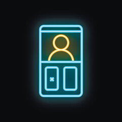 Poster - Glowing neon icon of a smartphone displaying a user profile with the option to delete the account, symbolizing online privacy and data security