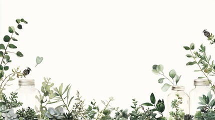 Sticker - Greenery border, plants, glass jars, white background, botanical design, website header