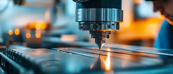 Leinwandbilder - Precision Machining: Close-up of Advanced CNC Laser Cutting Machine in Action with Sparks and Focused Operator in Background