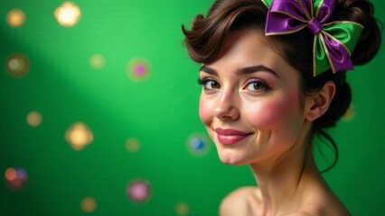 Mardi Gras background with A woman with a purple bow in her hair is smiling. The background is green and has a lot of small, colorful dots