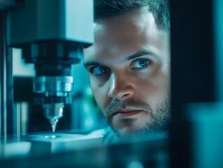 Leinwandbilder - Focused Engineer Operating Precision Equipment in a High-Tech Laboratory Setting, Showcasing Modern Technology and Skilled Craftsmanship in Science and Innovation