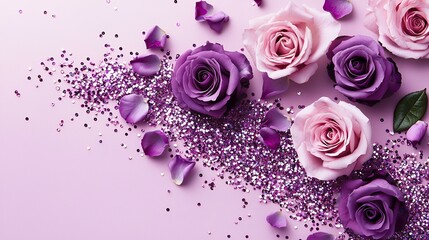 Wall Mural - Purple and pink roses with glitter on pink background; romantic, feminine design for greeting cards