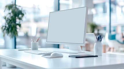 Poster - Clean Minimalist Workspace: Modern Computer, Desk, and Office Supplies