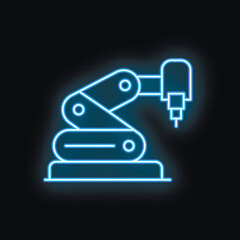 Poster - Blue glowing neon sign of an industrial robot arm working on a black background