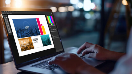 Poster - graphic designer software for modern design of web page and commercial brisk ads showing on the comp