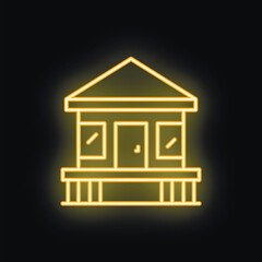 Poster - Glowing yellow neon sign depicting a one story house with a terrace, suitable for use in designs related to real estate, architecture, or construction