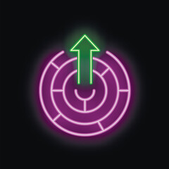 Poster - Neon sign of a round maze with a green arrow pointing up from its center on a black background