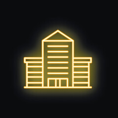 Poster - Neon sign depicting a generic office building glowing yellow against a black background