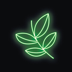 Poster - Green neon branch with leaves glowing on black background representing nature, growth and sustainability