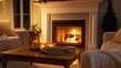 © bussi - Cozy living room with a fireplace and comfortable seating. Featuring warm lighting and a coffee table with books. Highlighting relaxation and warmth. Ideal for home decor magazines.