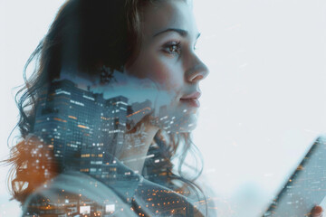 Poster - a double exposure image of a specialist worker silhouette against a backdrop of urban lights generat