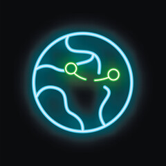 Poster - neon icon style illustration showing a route between two points on a planet earth, symbolizing globa