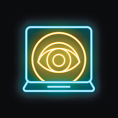 Poster - neon sign illustrating modern laptop displaying bright eye symbol against dark background