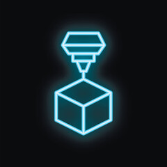 Poster - Neon 3d printer printing a cube icon on black background