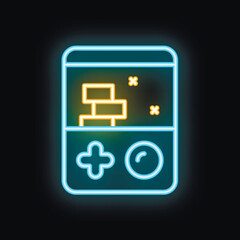 Poster - Bright neon sign of a handheld gaming device showing a retro 8 bit style game