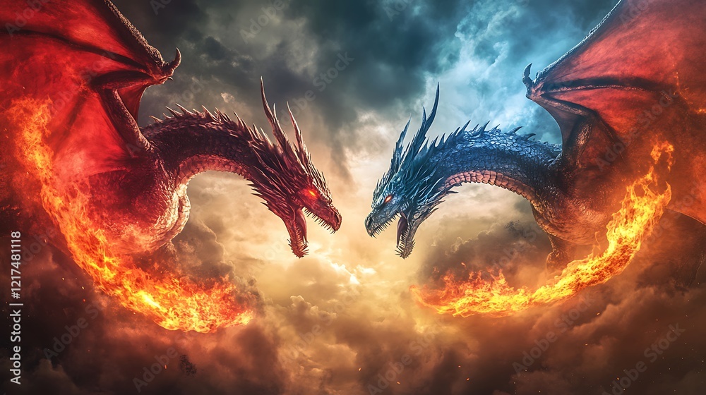 Mythical battlefield with armored warriors and dragons in a blazing ...