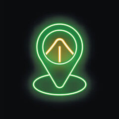 Poster - glowing neon green location pin icon is showing a camping tent symbol on a black background