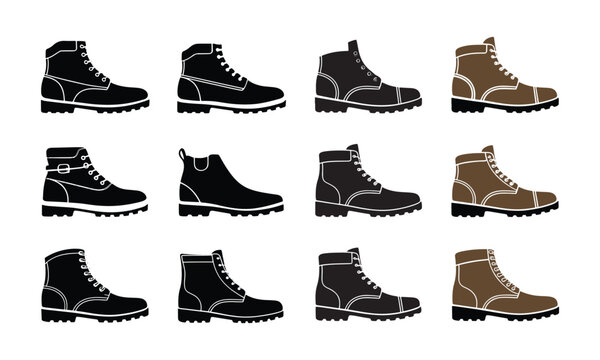 Set of Vector Icons Featuring Various Stylish Boots in Black and Brown Silhouettes