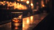 © Pana - A glass of whiskey on the rocks placed on a vintage bar, glass, bar, drink, alcohol, candle, fire, light, beer, candles, gold, night, flame, bottle, glasses, pub, food, celebration