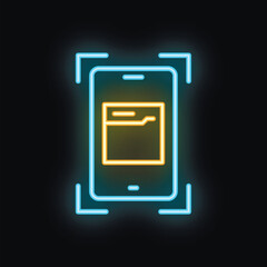 Poster - neon glowing icon of smartphone scanning document for mobile app, online service, website