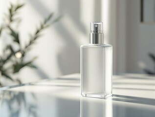 Poster - a transparent glass spray bottle with a metallic nozzle, placed on a reflective surface. The bottle is positioned in a well-lit room with a window in the background, casting soft shadows mockap 