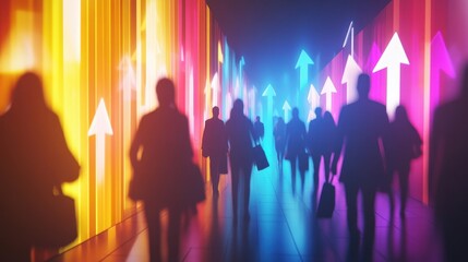 Poster - Silhouetted businesspeople are walking down a brightly lit hallway with glowing upward arrows, symbolizing career advancement, financial growth, and the pursuit of success in the corporate world