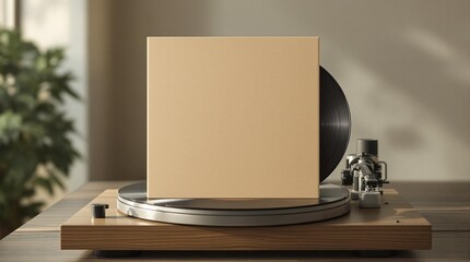 Poster - a close-up of a modern record player with a beige cardboard box placed on top of it, resting on a wooden surface. mockup 