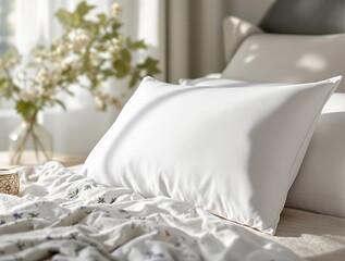 Poster - a white pillow placed on a bed with a beige blanket and a pillowcase. The background features a vase with flowers, adding a touch of greenery to the scene. mockup 