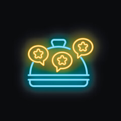 Poster - Neon glowing icon of restaurant cloche with stars in speech bubbles representing positive online reviews