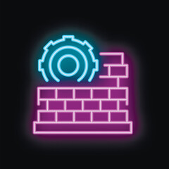 Poster - neon icon representing the concept of building a firewall with a gear working on bricks