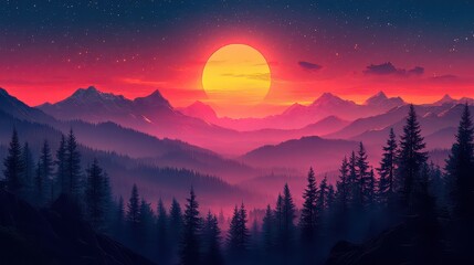 Wall Mural - Vibrant sunset over silhouetted mountains and forest.