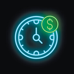 Poster - glowing neon sign depicting a clock face with a dollar sign, symbolizing the value of time
