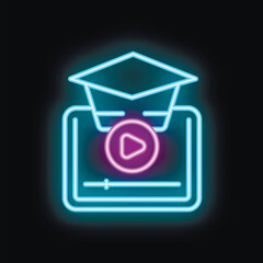 Poster - neon sign illustrating online education with a graduation cap and a video player, symbolizing the co