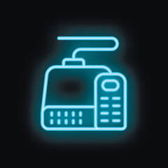 Poster - Blue neon router icon glowing in the dark, symbolizing internet connection and digital technology