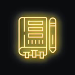 Poster - Yellow neon icon of a notebook and pencil glowing on a black background, perfect for concepts such as writing, studying, or office supplies