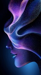 Poster - Particles of light and color flow and merge, creating the profile of a woman emerging from a cosmic background, symbolizing the connection between humanity and the universe