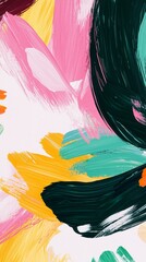 Poster - Vivid brushstrokes of pink, yellow, green, and dark teal paint interacting dynamically on a white canvas, forming a striking modern abstract artwork full of vibrant energy and texture