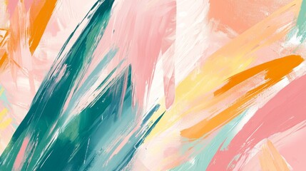Poster - Dynamic brushstrokes in shades of pink, orange, teal, and white create a vibrant abstract painting background, brimming with texture, movement, and artistic expression