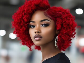 A woman with red curly hair wearing a black dress