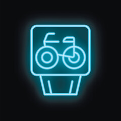 Poster - Blue neon sign showing a bicycle symbol for a bicycle parking glowing on a wall at night