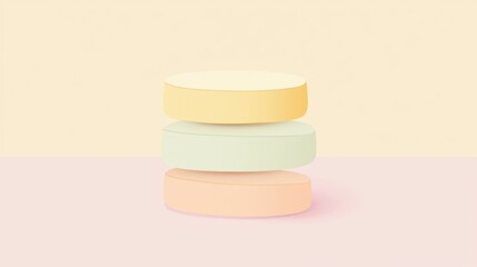 Poster - Three pastel-colored cylinder podiums are levitating over a minimalist pink and cream background, creating a stylish and modern display for showcasing various products
