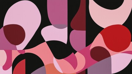 Poster - Modern abstract background featuring overlapping rounded shapes in various shades of pink, red, and purple, creating a visually appealing design with a black background