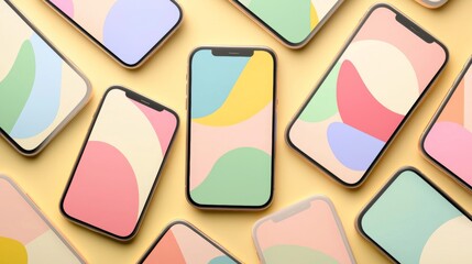 Poster - Modern smartphones with colorful abstract backgrounds are lying on a yellow surface, showcasing a trendy and vibrant design, perfect for technology and communication related themes