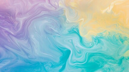 Poster - Fluid acrylic painting creating a mesmerizing blend of yellow, blue, purple, and white, forming swirling patterns and textures ideal for backgrounds and artistic projects