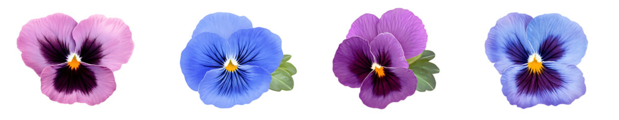 Wall Mural - Set of 4 purple and blue pansy flowers isolated on white background PNG.AI GENERATED