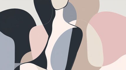 Poster - Minimalist illustration featuring an abstract female form composed of overlapping pastel and dark shapes, creating a sense of mystery and elegance