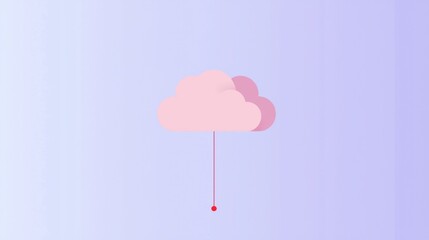 Poster - Minimalist concept of downloading data from the cloud, represented by a pink cloud hanging from a red dot with a thin red line on a gradient purple background