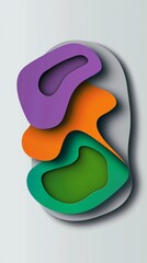 Poster - Vibrant purple, orange, and green abstract shapes are layered on a gray background, creating a visually appealing paper cutout effect with depth and dimension