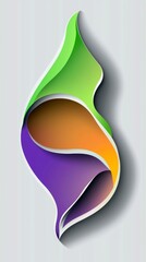 Poster - Vibrant green, orange, and purple paper cut layers create a dynamic swirling shape against a textured gray backdrop, giving a sense of depth and movement