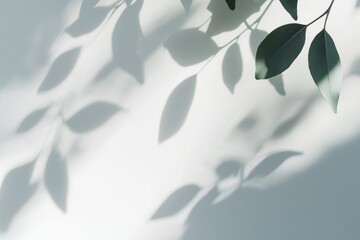 Poster - Sunlight illuminates green leaves, casting intricate shadows on a white background, creating a beautiful natural pattern perfect for backgrounds and designs